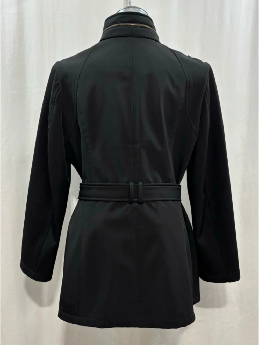 Women's Michael Kors Asymmetrical Belted Softshell Jacket – Black/Gold Size L